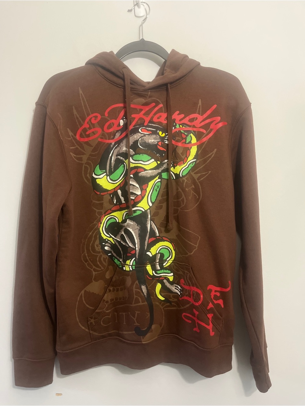 Ed Hardy Men’s Brown Hoodie With Snake Panther Skull Graphic Size Small